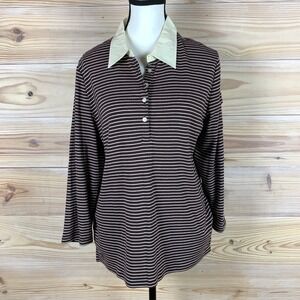 Chaps Polo Shirt Womens XL Brown Striped Long Sleeve Button Collar Cotton Preppy